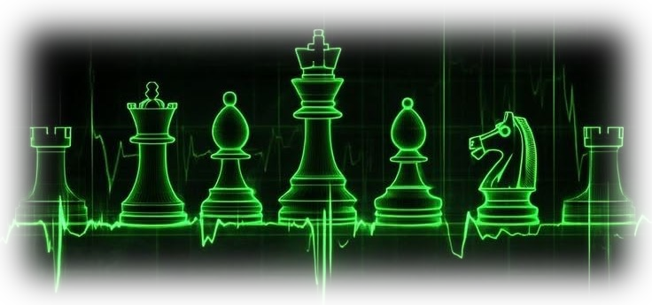 Neon wireframe chess pieces standing on a heartbeat line